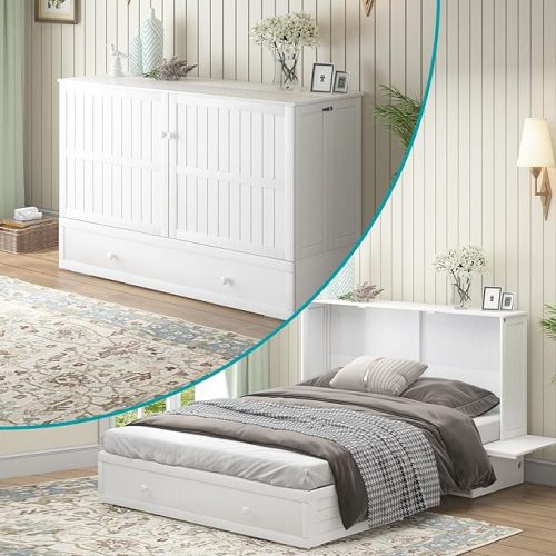 BALUS Murphy Bed with Tri-Folding Mattress, Queen Modern Cabinet Beds with 2 Storage Drawers, USB Charging Station, Solid Wood Cube Murphy Chest Hideaway Bed for Living Room Bedroom,White