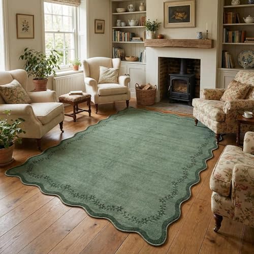 GarveeHome 5x7 Scalloped Area Rug Green Washable Bedroom Living Room Rug | Soft Floral Low Pile Non Slip Accent Floor Mat Solid Print Throw Rug Indoor Carpet for Dining Room Dorm Playroom