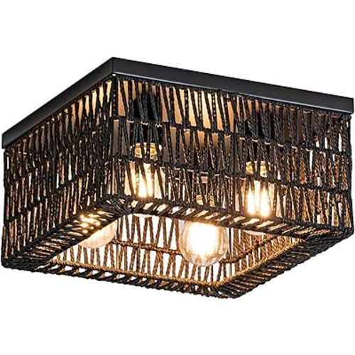 Black Rattan Ceiling Light, 4-Light Boho Light Fixture, Square Flush Mount Ceiling Light for Bedroom, Hallway, Entryway, Kitchen, Living Room