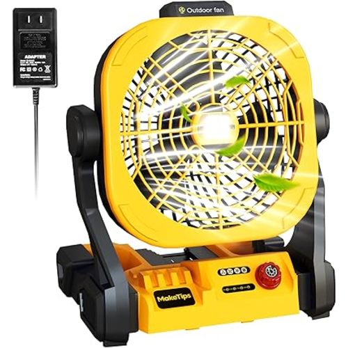 Battery Operated Fan for DeWalt 20V Max Battery (Not Included) – High Airflow Portable Cordless Camping & Jobsite Fan with 4 Speeds, AC Adapter, LED Lights & Hanging Hook for Outdoor Use