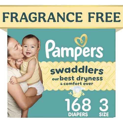 Pampers Swaddlers Diapers, Size 3 (13-26 lbs), 168 Count, Fragrance Free, Hypoallergenic, Absorbent, Pediatrician Recommended, Skin Safe