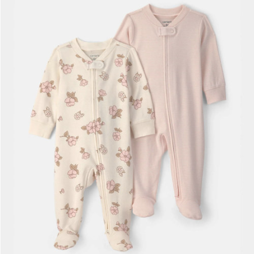 Baby Girl 2-Pack Floral Striped 100% Cotton 2-Way Zip Sleep & Play Pajamas - Pink | Carter's