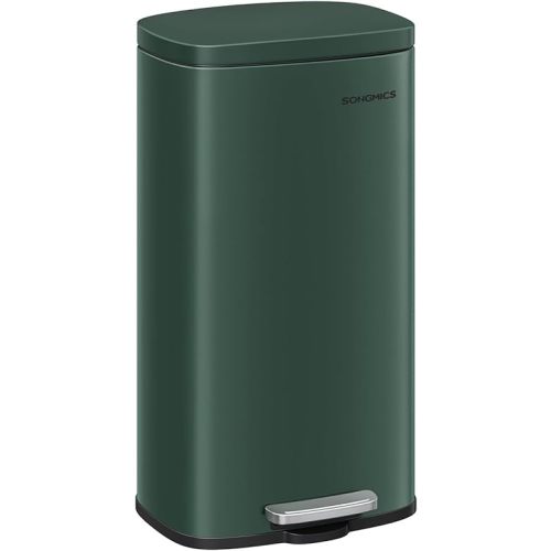 SONGMICS Trash Can with Lid, 8 Gallon Garbage Can, Stainless Steel Small Waste Bin with Step Pedal and Inner Bucket, Soft Close, Kitchen, Retro Green ULTB003C01