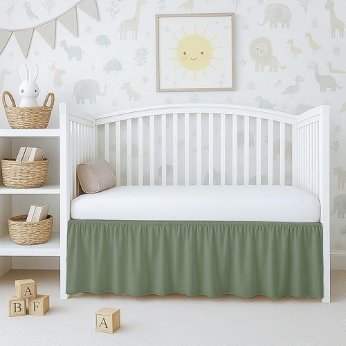 1Pcs 100% Soft Microfiber Fabric Crib Ruffled Bed Skirt - 52"x 28" + 14" Drop Lenght with Split Corners for Baby Boys Girls Soft 4-Sided Bed Skirt - Sage Solid