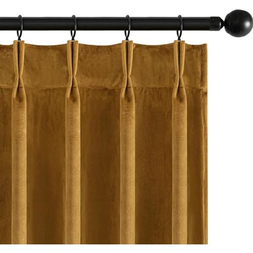 MIULEE Gold Velvet Blackout Curtains 84 inches Long, Pinch Pleated Drapes with Hooks, Thermal Insulated Pleat Design Luxury Panels for Living Room Bedroom, Set of 2