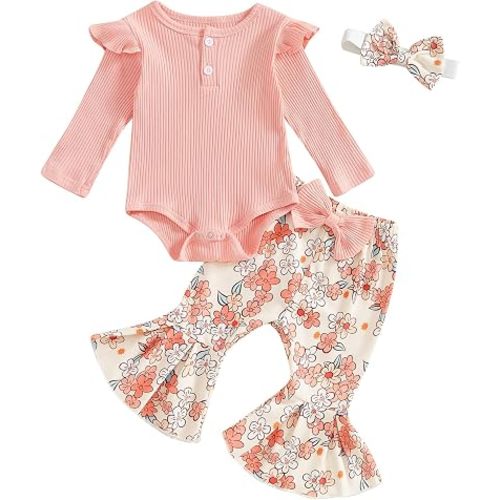 fhutpw Newborn Baby Girl Clothes Rib Frill Romper Daisy Flared Pants Set