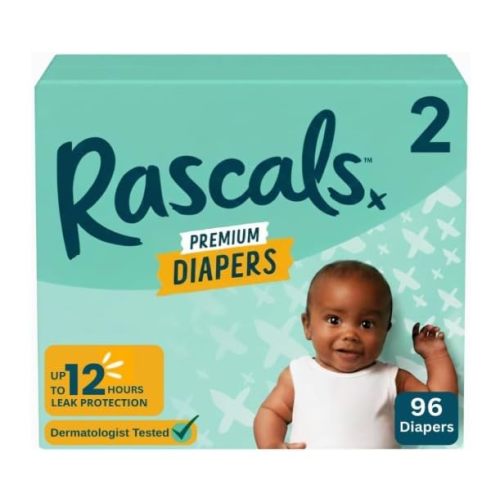 New Rascals Premium Absorbent Baby Diapers Size 2, 96 Count, with 5 Sensitive Infant Wipes