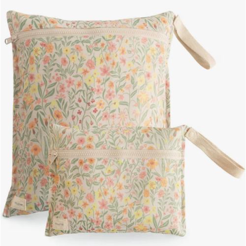 mushie Water Resistant Wet Bags | Large & Small Reusable Storage Bag for Baby Items and Travel | Zippered Pockets with Handle | Machine Washable, Set of 2 (Pastel Blooms)