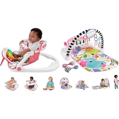 Fisher-Price Pink Infant to Toddler Kick & Play Piano Seat Bundle with Gym Playmat and Baby Rattles