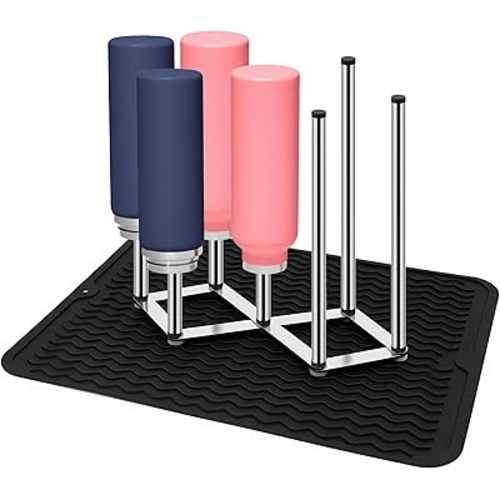 Stainless Steel Bottle Drying Rack with Non-Slip Silicone Mat – Foldable Water Bottles Dryer Stand for Cups, Tumblers, Wine Glasses & Baby Bottles, Space-Saving Countertop Bottle Rack Organizer