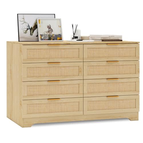 HOPUBUY 8 Drawer Dresser for Bedroom, Rattan Modern Closet Dressers Chest of Drawers, Boho Wood Double Wicker Dresser Storage Closet for Bedroom, Living Room, Entryway (Natural)