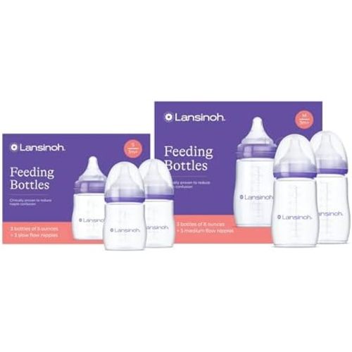 Lansinoh NaturalWave Newborn Gift Set – 3 Anti‑Colic 5 oz Bottles with S‑Flow Nipples + 3 Breastfeeding 8 oz Bottles with M‑Flow Nipples (6 Pack)