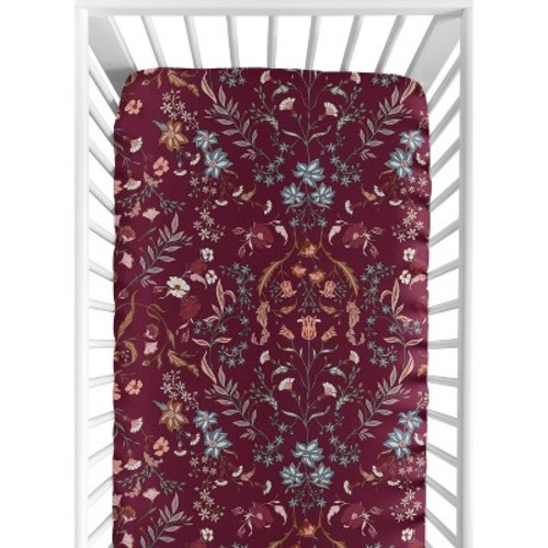 Sweet Jojo Designs Girl Baby Fitted Crib Sheet Boho Floral Wildflower Red Orange and Blue