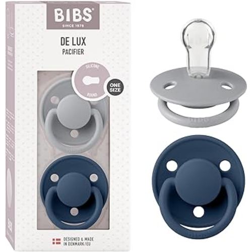 BIBS De Lux Baby Pacifier 2-Pack | Made in Denmark | BPA Free Dummy Soother, Round Nipple. Silicone, OneSize (0-36 Months), Cloud/Steel Blue