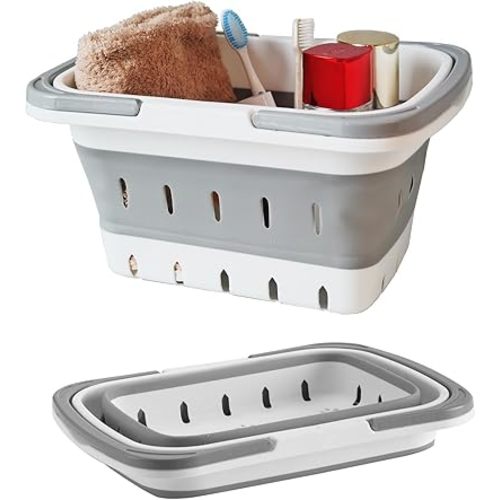 Portable Folding Plastic Bath Caddy with Handle, Perforated, Travel Bathroom Organizer for Bedroom, Bathroom, Shower, Dorm Room, Camping and RV Use (Grey, 1 pack)
