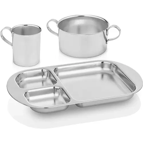Children's Premium Stainless Steel Dinnerware Set | 1 Bowl with Handles, 1 Cup with Handle & 1 Divided Plate | Education Series | Ideal for Babies, Toddlers & Kids | by Kiddobloom