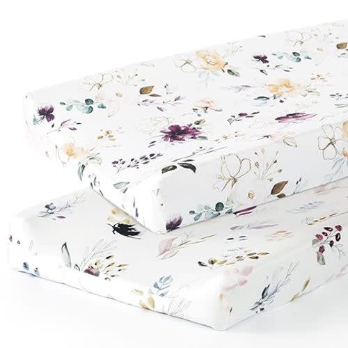 GRSSDER Stretch Ultra Soft Jersey Knit Changing Pad Cover Set 2 Pack,Change Table Pad Covers Fit 32"/34" x 16" Pads Safe and Snug,Watercolor Pretty Purple Flora for Girls