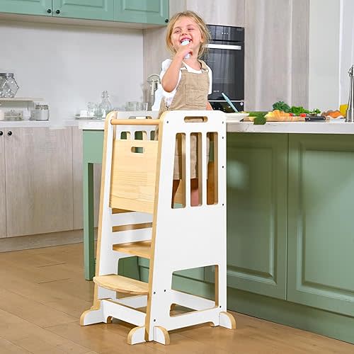WINGYZ Toddler Tower – Adjustable Step Stool Helper for Kids 18M–6Y, Kitchen Learning Stool with Safety Rail, 3-Height Adjustable, Sliding Door, Full Support Foot, Wooden Updated Design, White