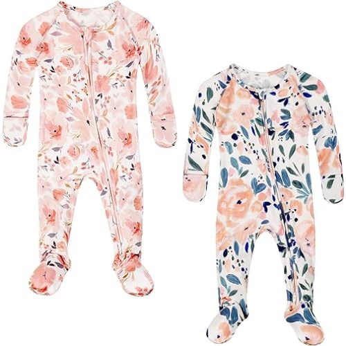 Baby Girls Footie Pajamas 0-9 Months Rayon derived from Bamboo Floral Printed Sleepers for Newborn Girl 2 Packs