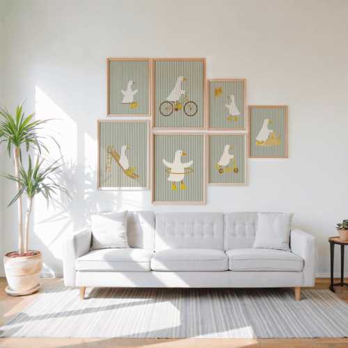 Sage Green Stripes Silly Goose Nursery Wall Art, Eclectic Nursery Wall Set of 7 Prints, Gender Neutral Playroom Decor, Playful Animal Prints