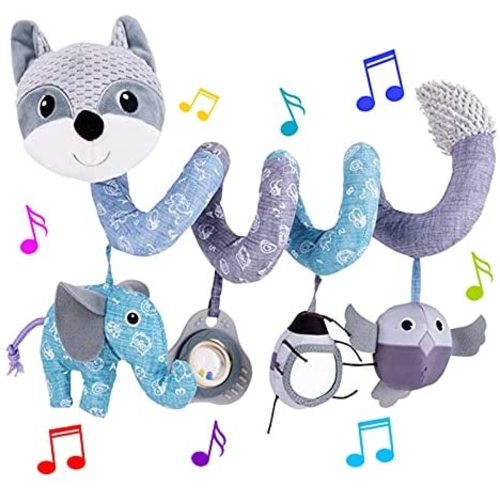 HILENBO Car Seat Toys, Infant Baby Gray Fox Spiral Plush Activity Hanging Toys for Car Seat Stroller Bar Crib Bassinet Mobile with Music Box BB Squeaker and Rattles（Gray）