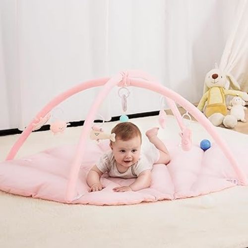 ANGELBLISS 5 in 1 Baby Play Gym Mat, Reversible Tummy Time Mat with 5 Sensory Toys for Stage-Based Developmental, Thick & Large Baby Activity Center from Newborn to Toddler (Pink)