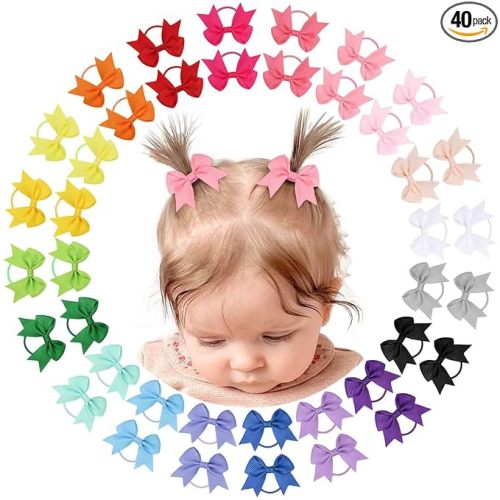 OAOLEER 40PCS 2 Inches Baby Hair Ties, Toddler Hair Ties with Bows, Elastic Ponytail Holders Mini Small For Baby Girls Infants