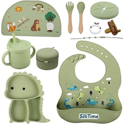 SiliTime Dinosaur-Themed Silicone Baby Feeding Set – Suction Mat with Food Catcher & Pacifier – 8-Piece BPA-Free Toddler Mealtime Essentials for Baby-Led Weaning