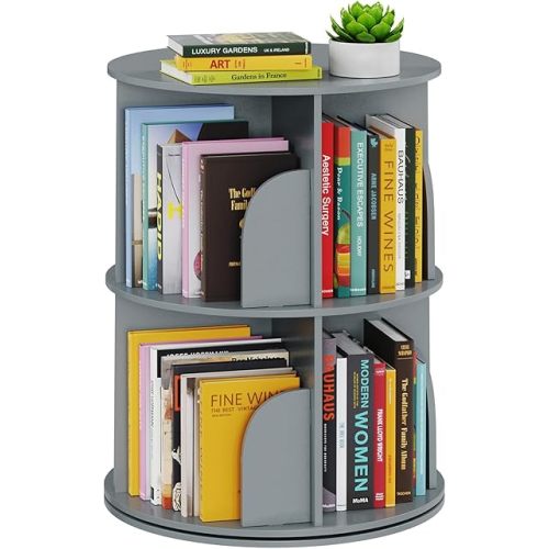 SpaceAid 2 Tier Rotating Bookshelf Tower, Spinning Bookcase Lazy Susan, Revolving 360 Book Shelf Storage Round Carousel, Vertical Rotate Turning Spiral Corner Organizer, Gray