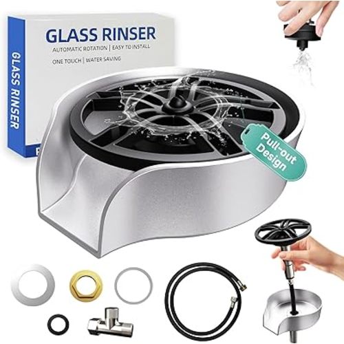 Glass Rinser for Kitchen Sink, High Pressure 360 Degree Rotating Spout Glass Rinser with Pull-out Spray Gun Design, Glass Cup Cleaner Sink Attachment Washer Baby Bottle, Glass Cup, Wine Glass (Silver)