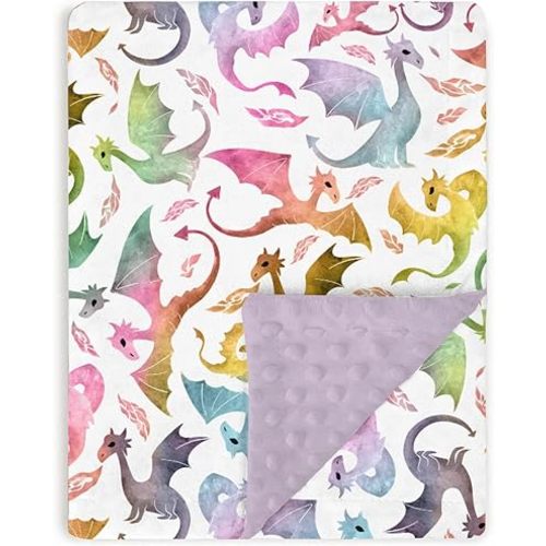 Purple Baby Blankets for Girls 30" x 40", Soft Double Layer Minky Blanket with Dotted Fleece Back, Nursery Bed Receiving Quilt for Newborn Infant Toddler Shower Gift Whimsical Dragons Theme