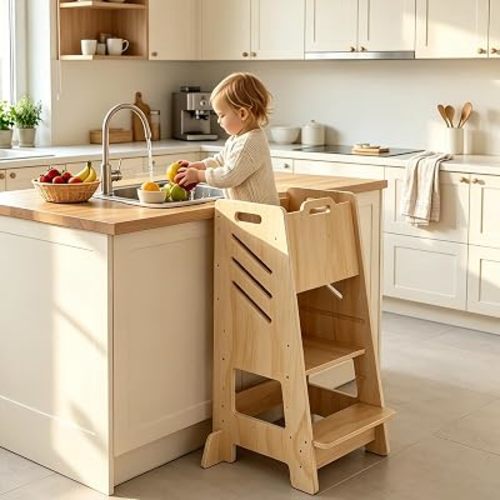 Toddler Tower with Sliding Panel, 3-Level Adjustable Kitchen Stool,Sturdy