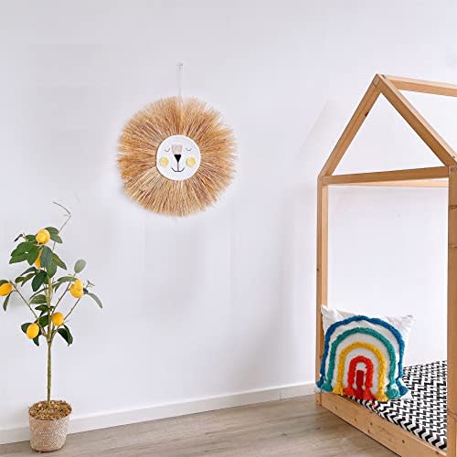 Charlbytion Wall Art Animal Head Hand Knitted Hanging,Cotton Thread Weaving Straw Cartoon Tassel Beard Lion Tiger Macrame Pendant Nursery Room Wall Decor for Home Decoration (19''*19'', A)