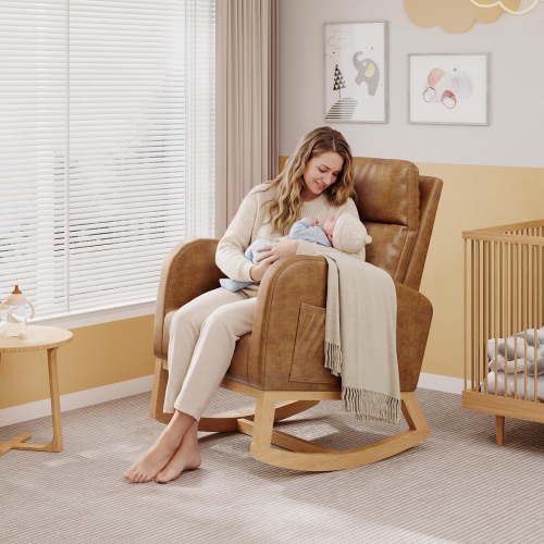 Modern Teddy Fleece Nursery Rocking Chair - High Back Glider with Pillow, Side Pockets for Bedroom & Nursing Room