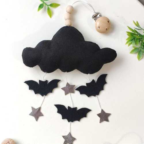 Gothic Baby Stroller Mobile, Cloud and Bats Decor, Personalized Pacifier Clip