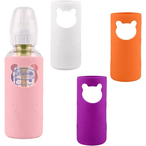 4 Pack Silicone Sleeves for Dr Brown's Glass Baby Bottles, Anti Breakage Baby Bottle Holder, Compatible Dr. Brown's Natural Narrow Glass Baby Bottles 8 oz, BPA Free (White+Pink+Purple+Orange)