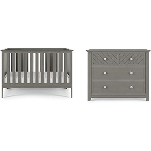Child Craft Atwood Crib and Dresser Nursery Set, 2-Piece, Includes 3-in-1 Convertible Crib and 3-Drawer Dresser, Grows with Your Baby (Lunar Gray)