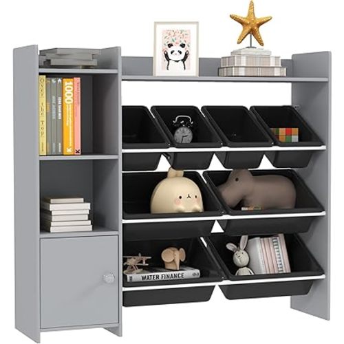 Qaba Toy Storage Organizer, Toy Organizer with 8 Bins, 2 Storage Cubbies, Shelf, Cabinet, Kids Bookshelf for Bedroom, Playroom, Nursery, Gray