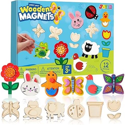 JOYIN 12 Wooden Magnet Creativity Arts & Crafts Painting Kit for Kids, Decorate Your Own Painting Gift for Halloween Crafts, Birthday Parties and Family Crafts, Party Favors for Boys Girls