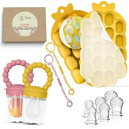 O’doe Silicone Baby Popsicle Molds & 2 Baby Food Feeders with 1 Clip, 1-Pack Freezer Tray with Lid, 18-Hole Popsicle Molds for Teething Relief, Includes 6 Extra Pacifiers, BPA Free