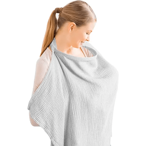 Konssy Muslin Nursing Cover for Baby Breastfeeding, Breathable 100% Cotton Breastfeeding Cover with Rigid Hoop for Mother Nursing Apron, Multi-use Carseat Canopy (Grey)