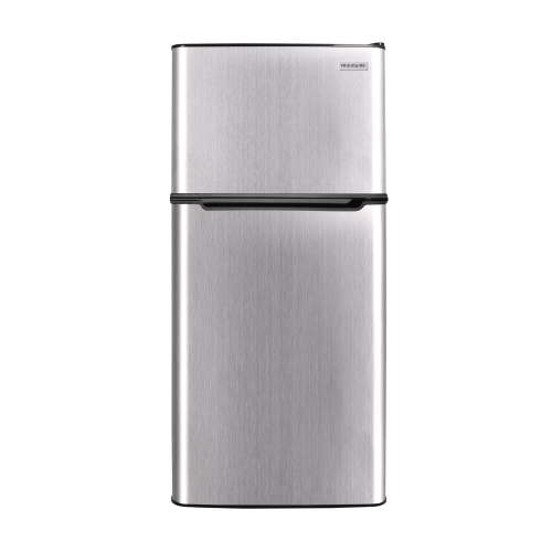 Frigidaire 4.5 cu ft 2-Door Compact Refrigerator with Freezer and Chrome trim—space-saving, energy-efficient mini fridge ideal for dorms, offices, and small kitchens.