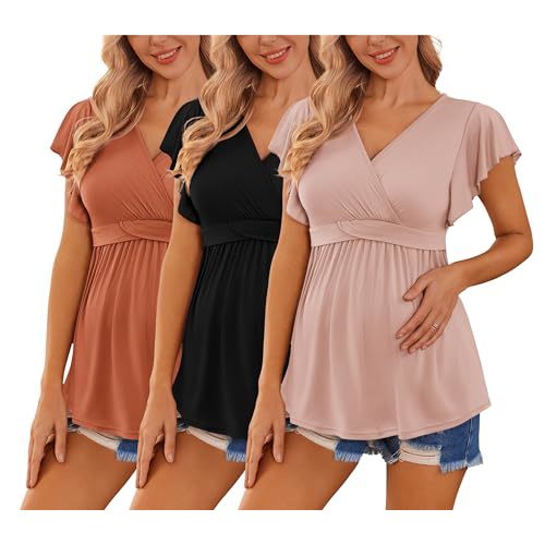 Ekouaer Maternity Shirts 3 Packs Flying Short Sleeve Nursing Tops Pregnancy Clothes