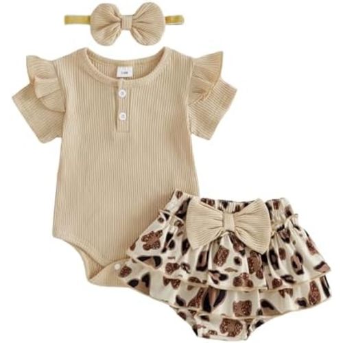 fhutpw Newborn Baby Girl Clothes Ribbed Sleeve Romper Top Leopard Ruffle Shorts Bow Headband Infant Summer Outfits 0-18M