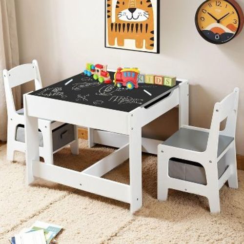 Kinder King 3-in-1 Kids Table & 2 Chairs Set with Storage, Removable Top & Blackboard, for Art, Crafts, Reading, Play