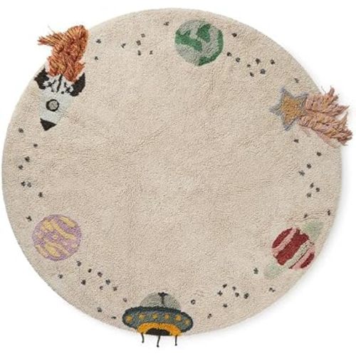 Lorena Canals Washable Area Rug Interstellar Journey 4’ 7” Ø for Bedroom, Kids Room and Nursery Rug Hand-Woven of Cotton
