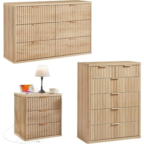 LEYAOYAO Fluted Dressers & Nightstand Set of 3, Wood 48" Wide Dresser & 42" Tall Chest of Drawers,Modern Bedroom Furniture Sets, Natural Wooden Nightstand with 3 Drawers & Charging Station