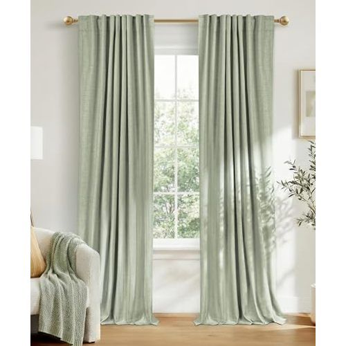 Faux Linen Total Blackout Curtains for Bedroom 84 Inches Long, Sage Green