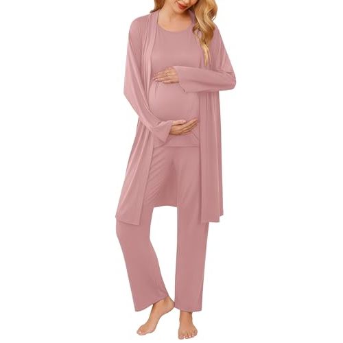 Ekouaer Maternity Nursing Robe Set 3 Pieces Sleeveless Top, Pregnancy Pants & Robe Double Layer Pajamas S-XXL