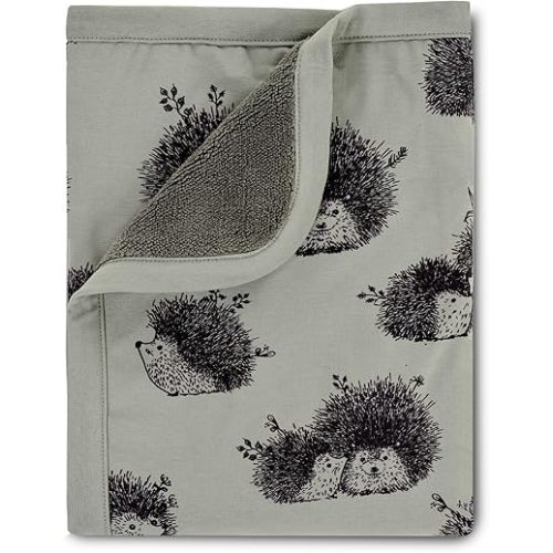 Oilo Baby Blanket, Luxury Soft Plush Backing & 100% Turkish Cotton Jersey Print, Double Layered, 30" x 40", Rolled Jersey Edge Trim, Machine Washable, Perfect for Infant or Toddlers, Olive, Hedgehog